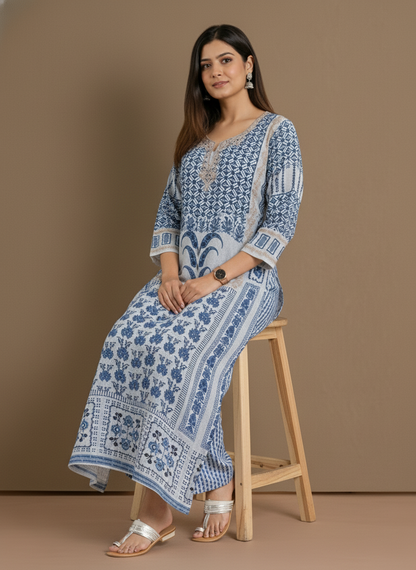 Blue & Ivory Print Straight Kurta Set