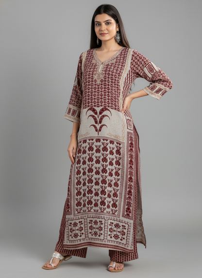 Women’s Maroon Printed Straight Kurta with V-Neck