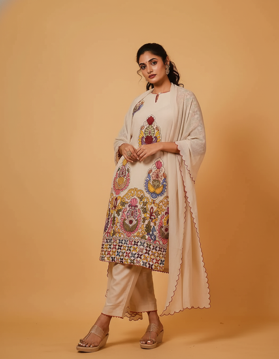 Vibrant Kalamkari Floral Cotton Kurta Set Beige with Multicolor Design & Coordinated Dupatta