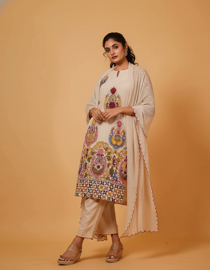 Vibrant Kalamkari Floral Cotton Kurta Set Beige with Multicolor Design & Coordinated Dupatta