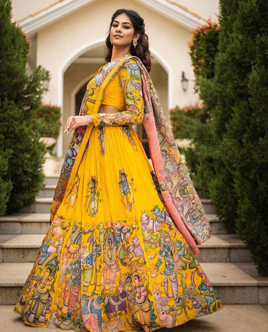Yellow Fully Stitched Kalamkari Lehenga Choli