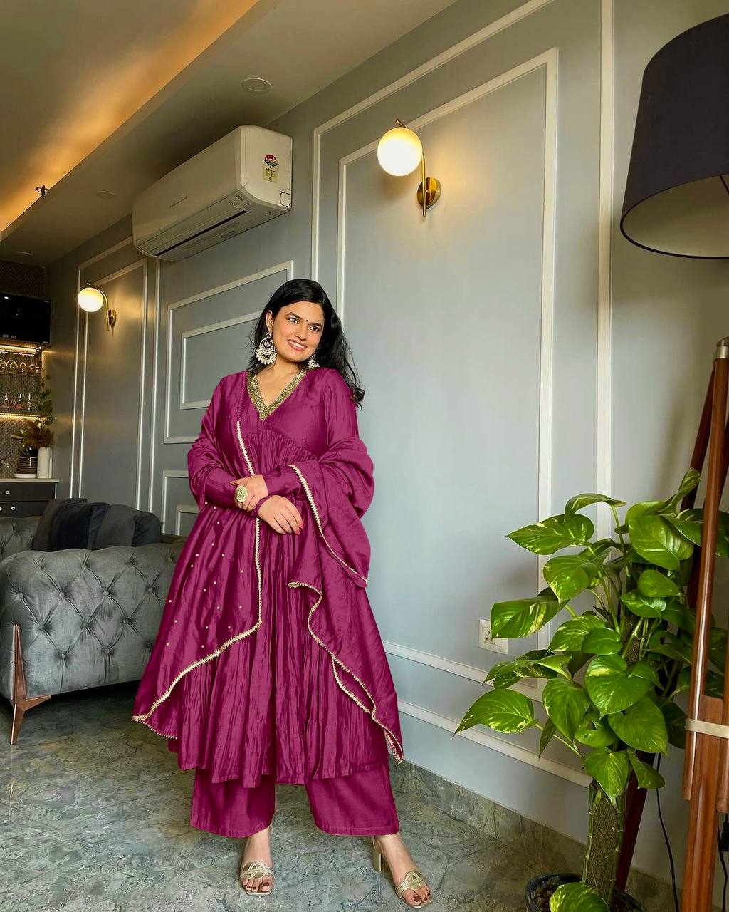 Plum Purple Crushed Silk Angrakha