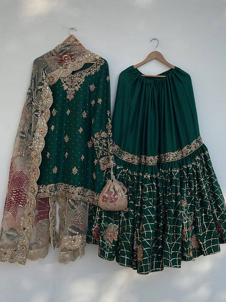 EMBROIDERY WORK SUIT WITH FULL FLAIR WORK SHARARA AND DUPATTA