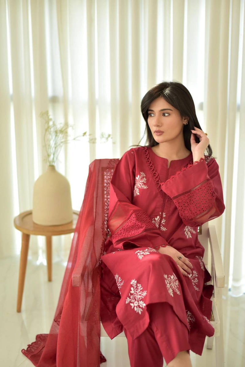 red Floral Embroidered Straight Kurta Suit