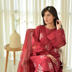 red Floral Embroidered Straight Kurta Suit