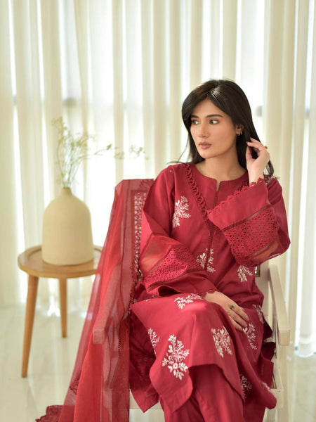 red Floral Embroidered Straight Kurta Suit