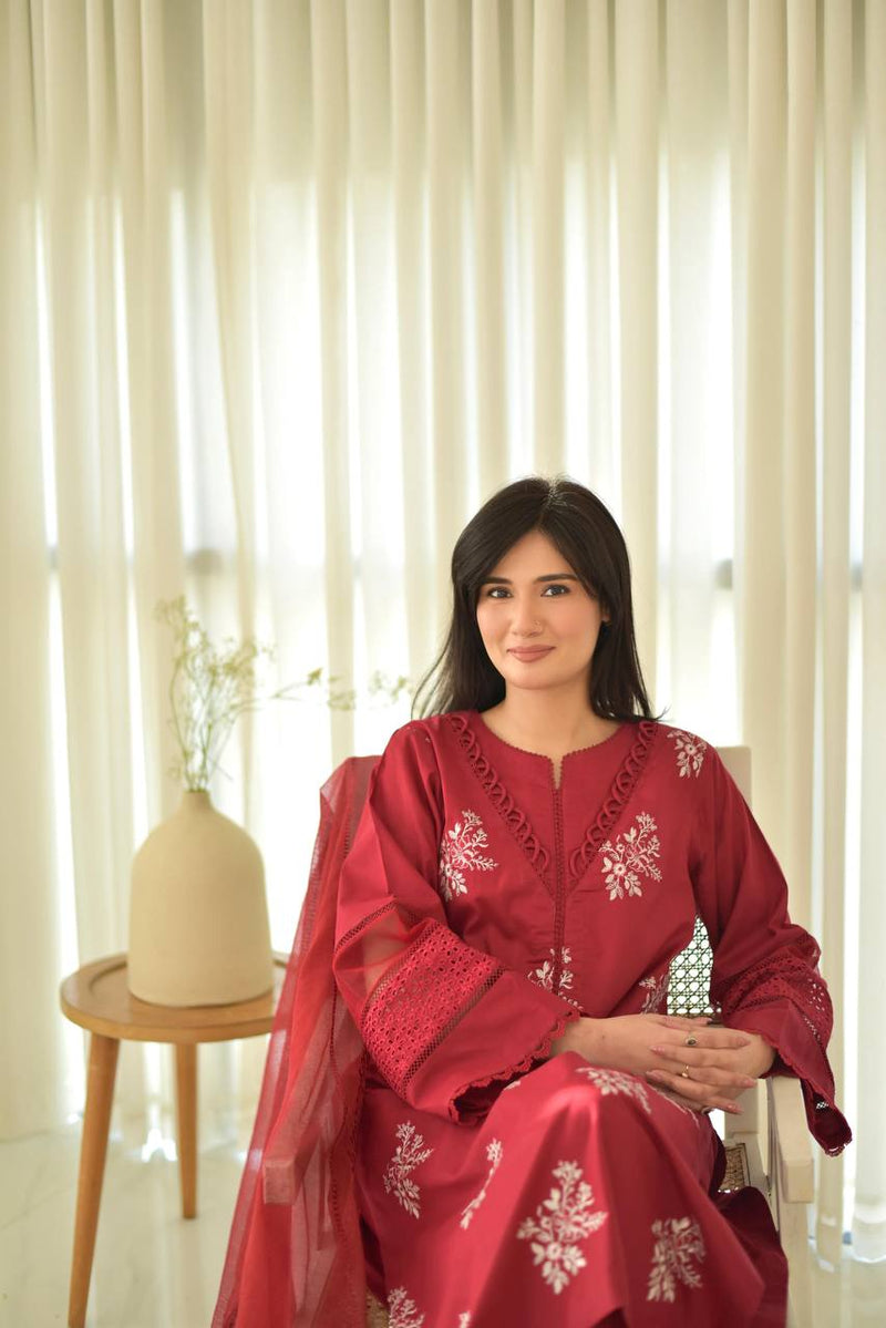 red Floral Embroidered Straight Kurta Suit