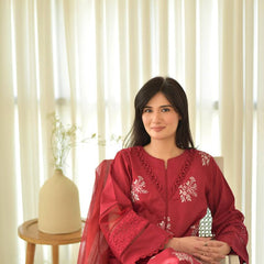red Floral Embroidered Straight Kurta Suit