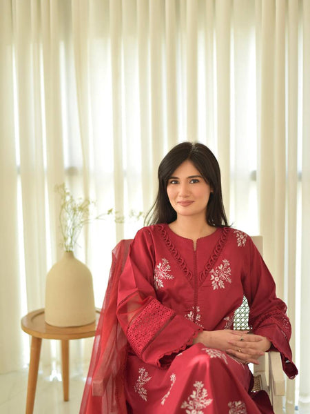 red Floral Embroidered Straight Kurta Suit