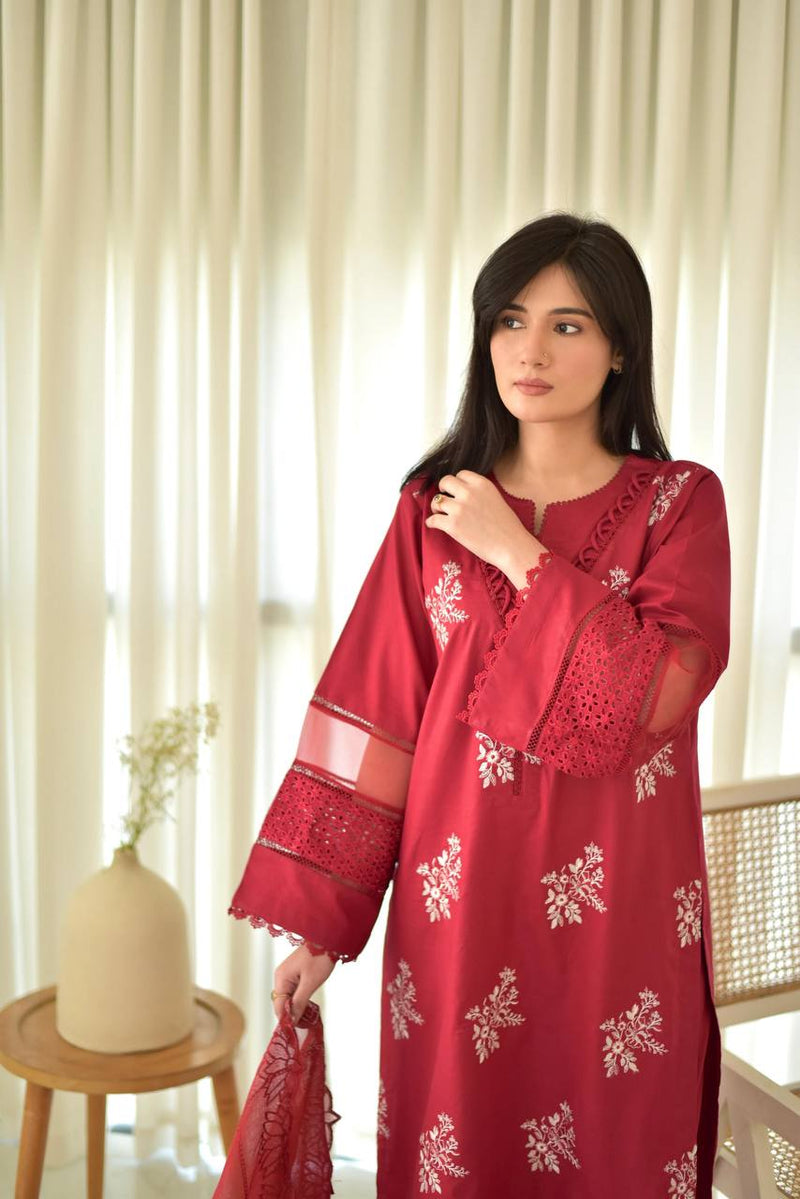 red Floral Embroidered Straight Kurta Suit
