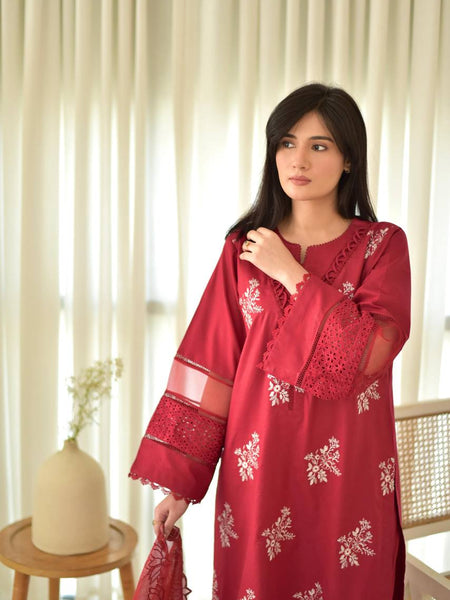 red Floral Embroidered Straight Kurta Suit