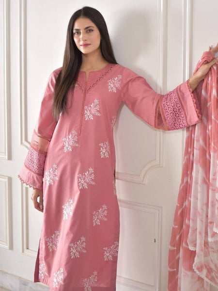 pink Floral Embroidered Straight Kurta Suit