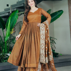 Elegant Brown Cotton Anarkali Suit Set with Embroidered Dupatta