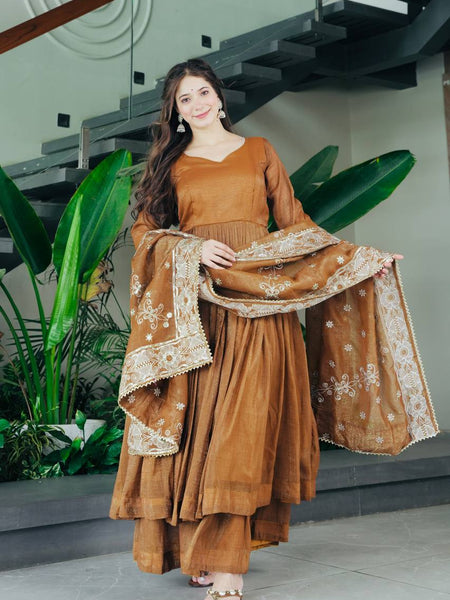 Elegant Brown Cotton Anarkali Suit Set with Embroidered Dupatta