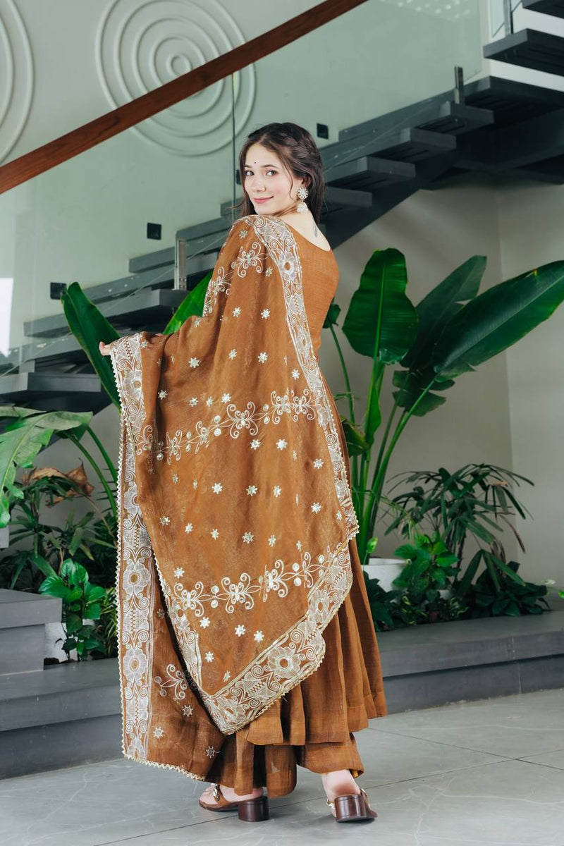 Elegant Brown Cotton Anarkali Suit Set with Embroidered Dupatta