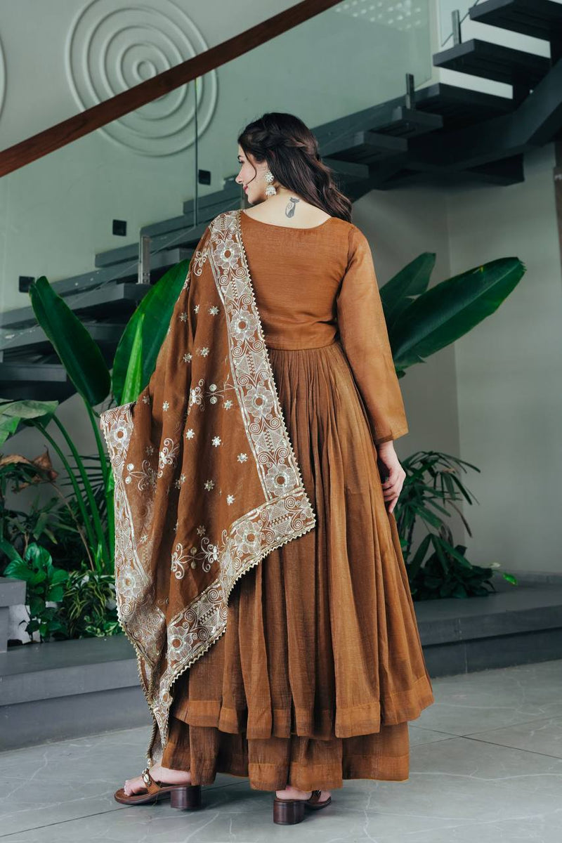 Elegant Brown Cotton Anarkali Suit Set with Embroidered Dupatta