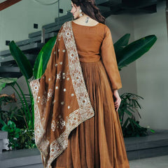 Elegant Brown Cotton Anarkali Suit Set with Embroidered Dupatta