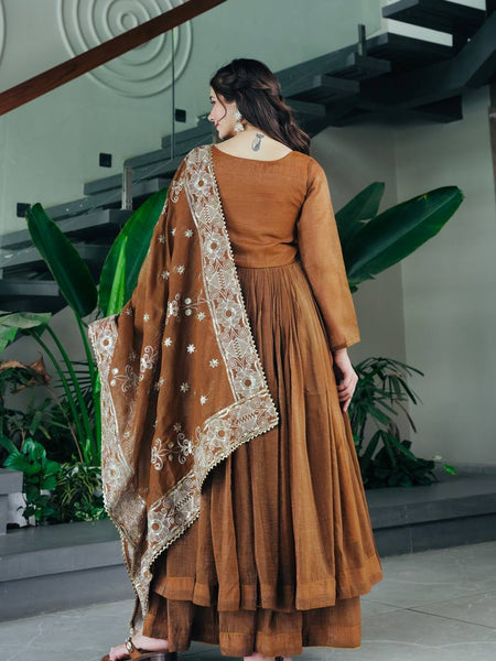 Elegant Brown Cotton Anarkali Suit Set with Embroidered Dupatta