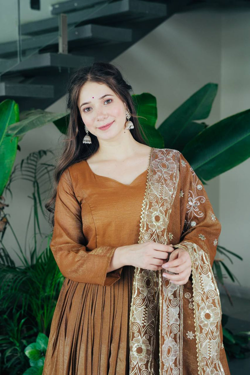 Elegant Brown Cotton Anarkali Suit Set with Embroidered Dupatta