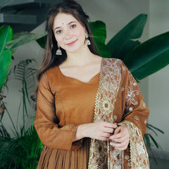 Elegant Brown Cotton Anarkali Suit Set with Embroidered Dupatta