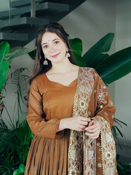 Elegant Brown Cotton Anarkali Suit Set with Embroidered Dupatta