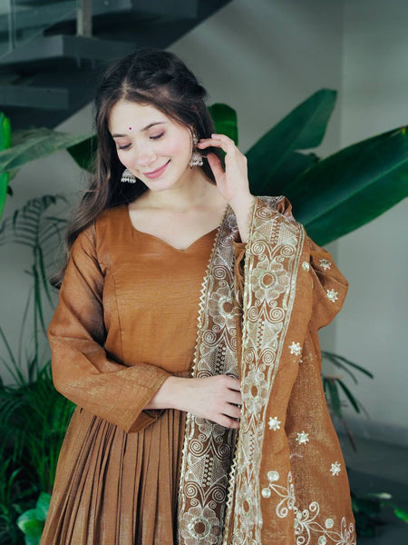 Elegant Brown Cotton Anarkali Suit Set with Embroidered Dupatta