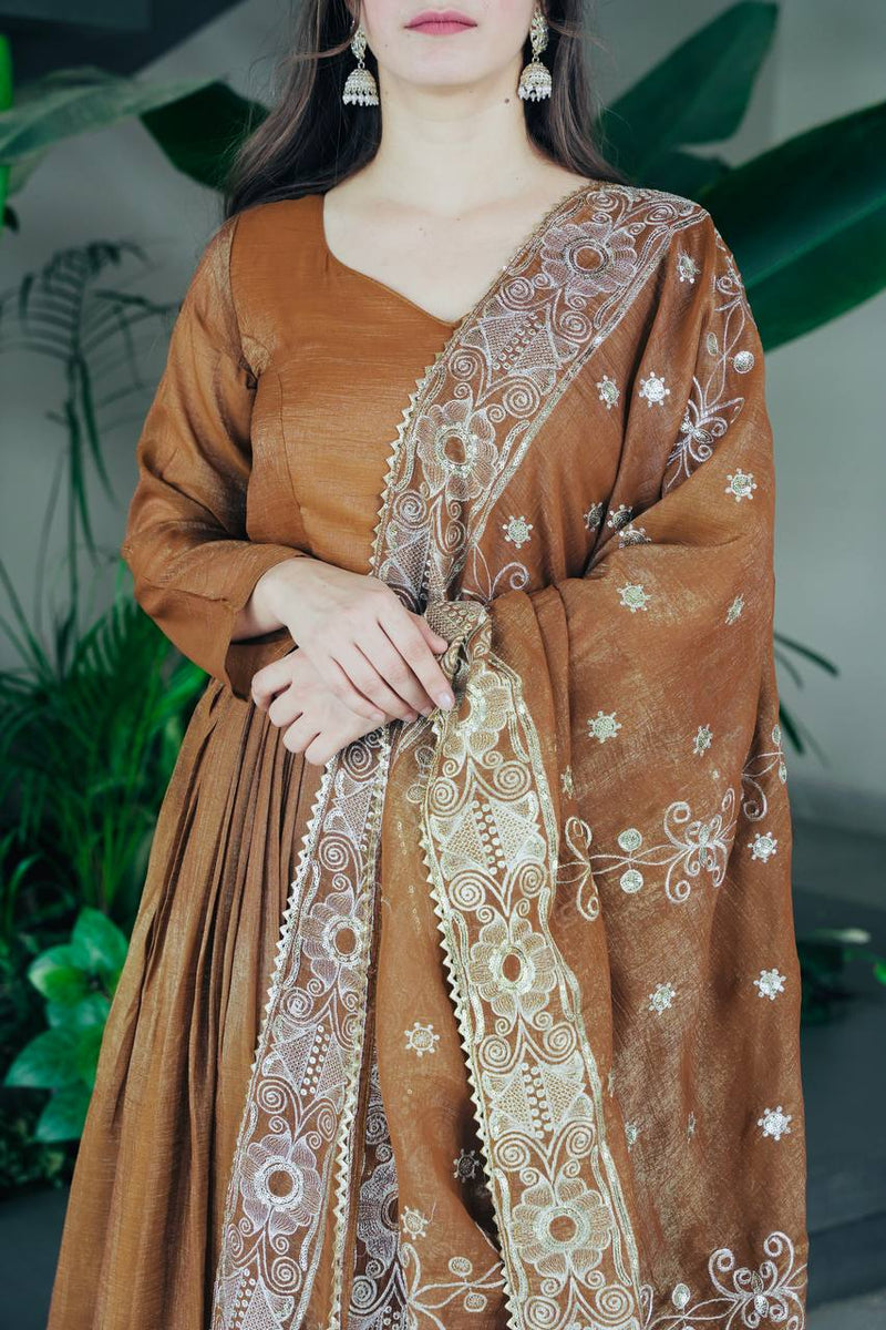 Elegant Brown Cotton Anarkali Suit Set with Embroidered Dupatta