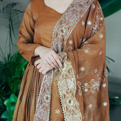 Elegant Brown Cotton Anarkali Suit Set with Embroidered Dupatta