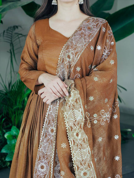 Elegant Brown Cotton Anarkali Suit Set with Embroidered Dupatta