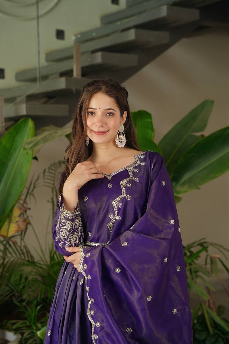 Royal Purple Embroidered Anarkali Suit with Dupatta