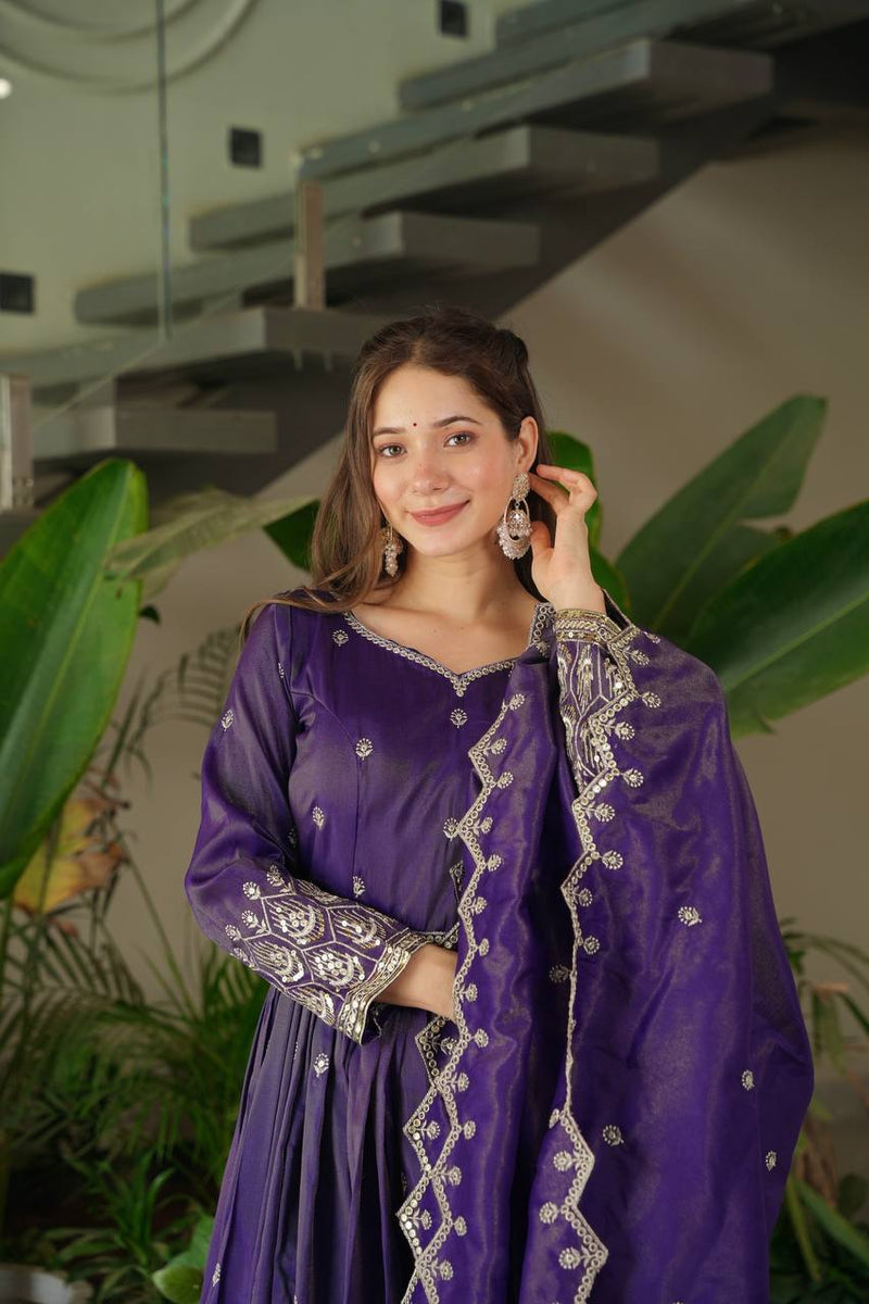 Royal Purple Embroidered Anarkali Suit with Dupatta