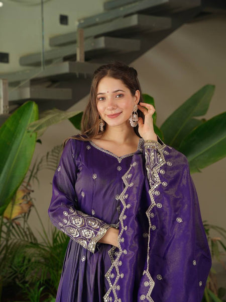 Royal Purple Embroidered Anarkali Suit with Dupatta