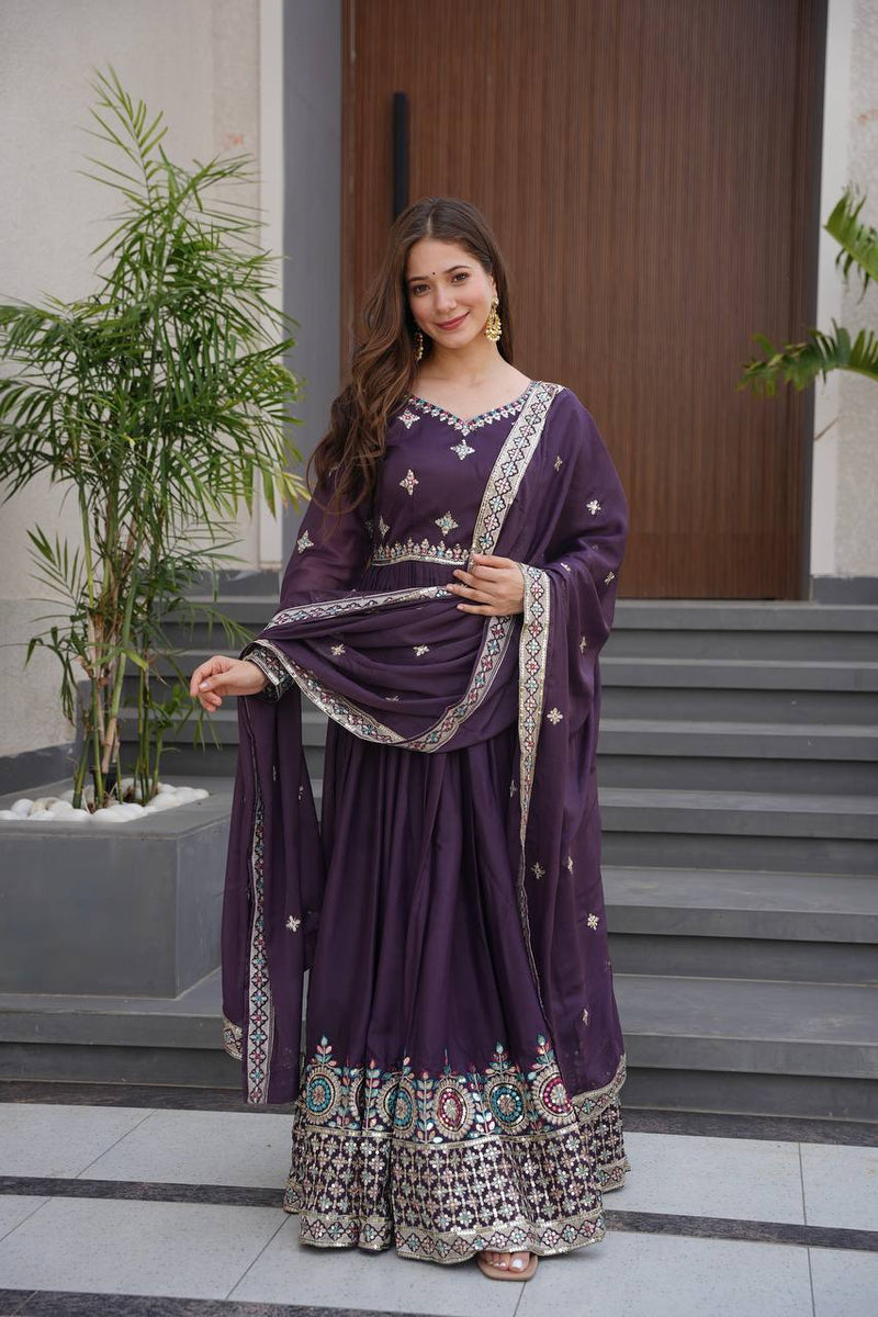 Embroidered Purple Anarkali Suit with Dupatta