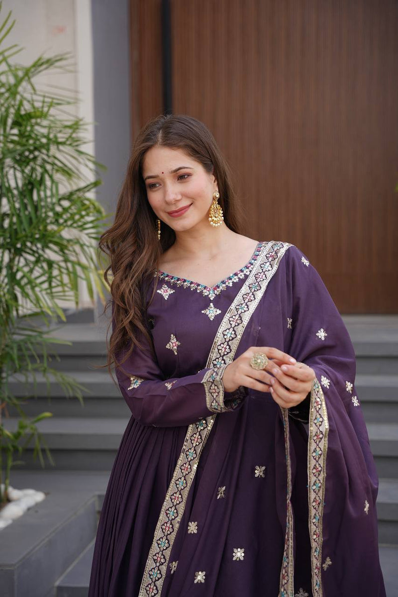 Embroidered Purple Anarkali Suit with Dupatta