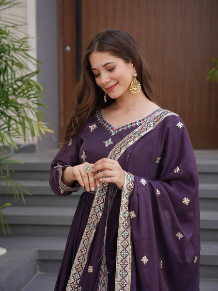 Embroidered Purple Anarkali Suit with Dupatta