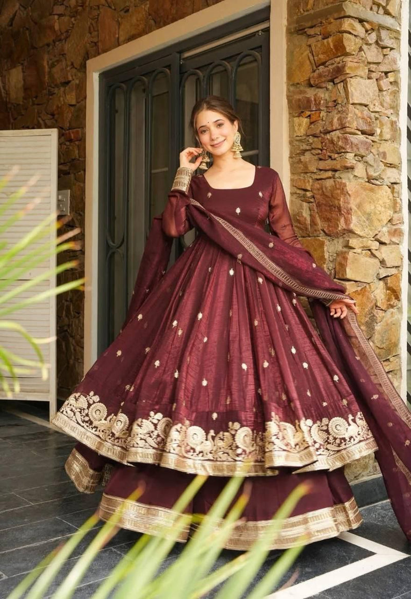 Maroon Silk Blend Anarkali Suit Set with Golden Zari Embroidery & Dupatta