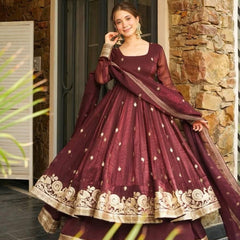 Maroon Silk Blend Anarkali Suit Set with Golden Zari Embroidery & Dupatta