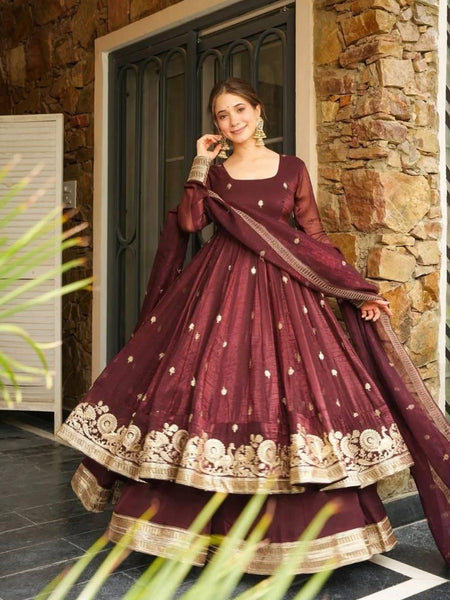 Maroon Silk Blend Anarkali Suit Set with Golden Zari Embroidery & Dupatta