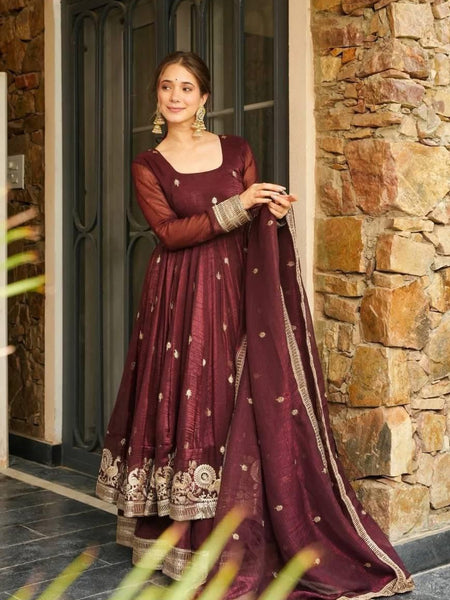 Maroon Silk Blend Anarkali Suit Set with Golden Zari Embroidery & Dupatta