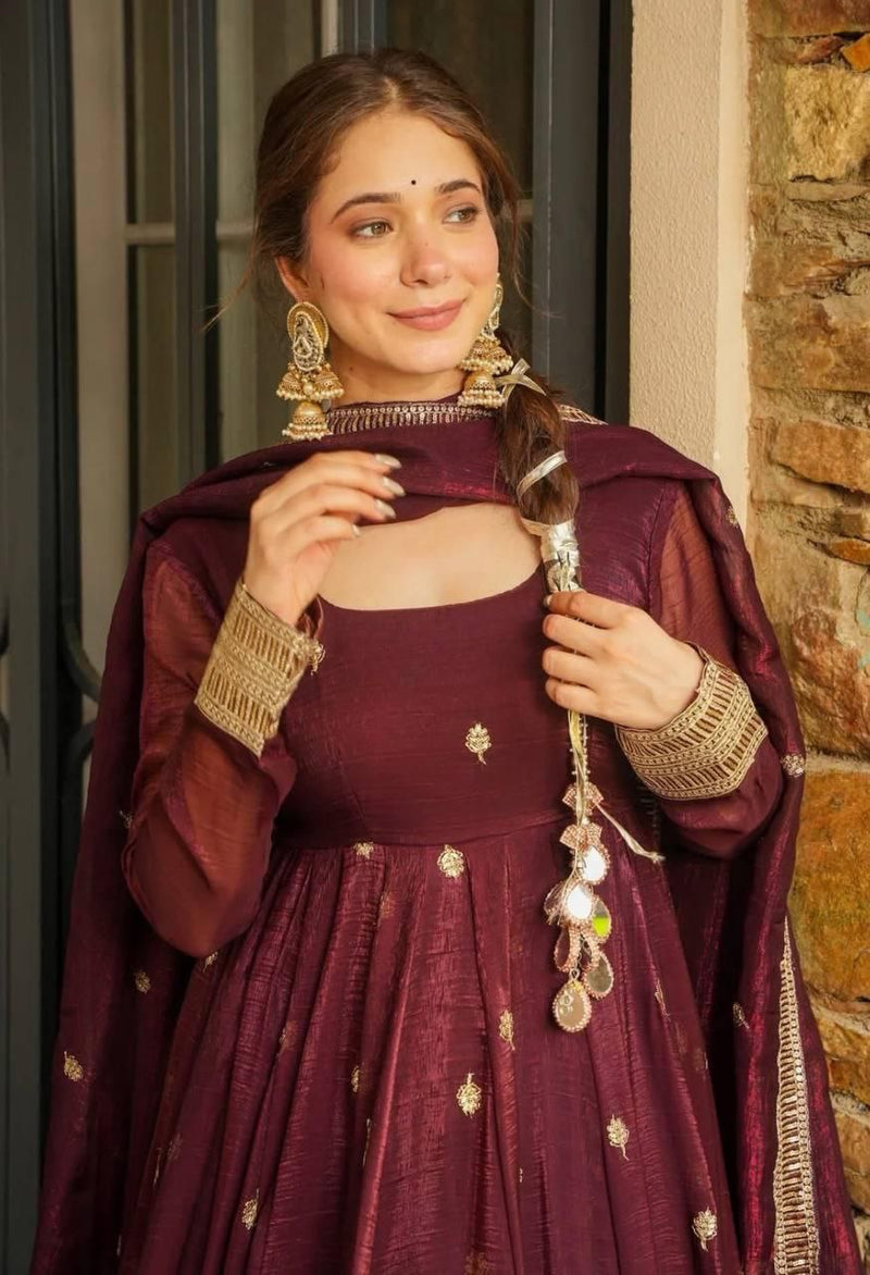 Maroon Silk Blend Anarkali Suit Set with Golden Zari Embroidery & Dupatta