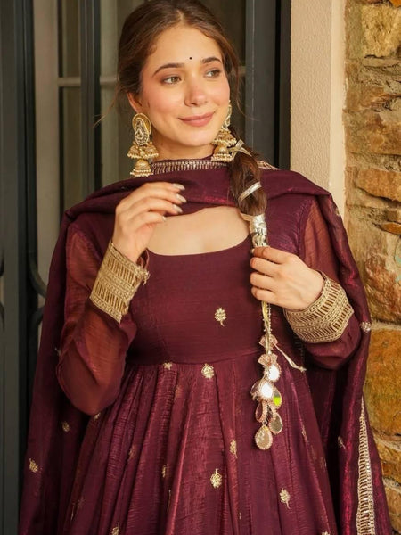 Maroon Silk Blend Anarkali Suit Set with Golden Zari Embroidery & Dupatta