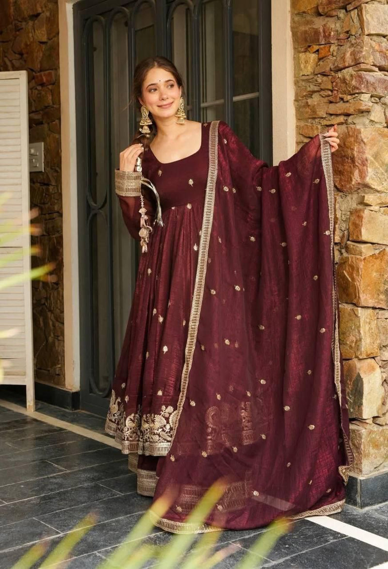 Maroon Silk Blend Anarkali Suit Set with Golden Zari Embroidery & Dupatta