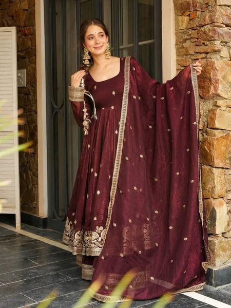 Maroon Silk Blend Anarkali Suit Set with Golden Zari Embroidery & Dupatta