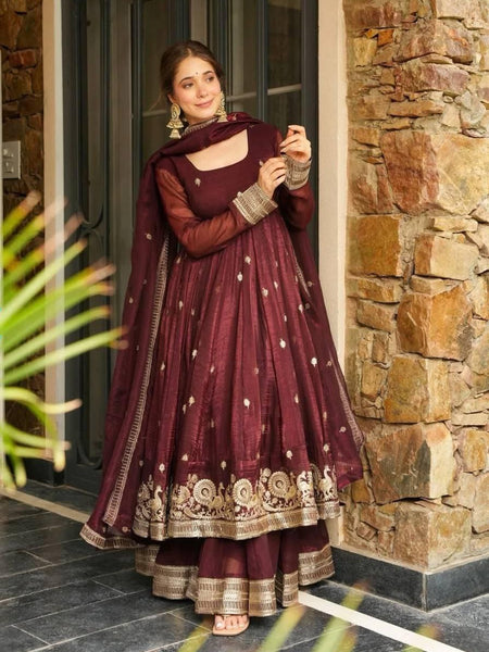 Maroon Silk Blend Anarkali Suit Set with Golden Zari Embroidery & Dupatta