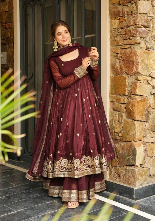 Maroon Silk Blend Anarkali Suit Set with Golden Zari Embroidery & Dupatta