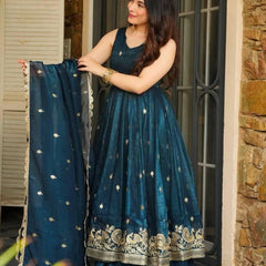 Teal Blue Silk Blend Anarkali Suit Set with Zari Embroidery and Dupatta