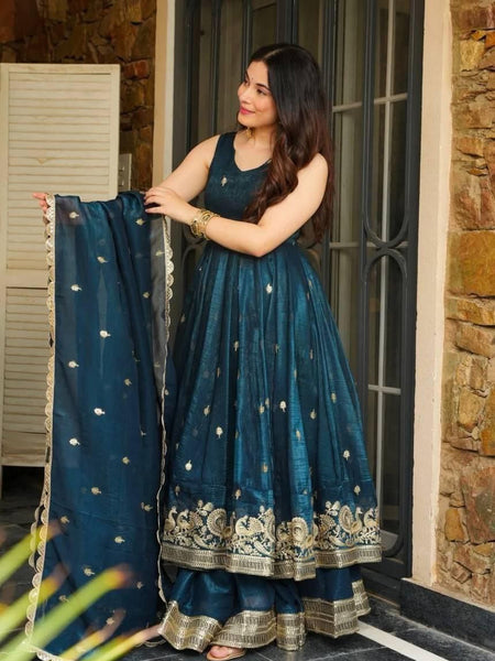 Teal Blue Silk Blend Anarkali Suit Set with Zari Embroidery and Dupatta