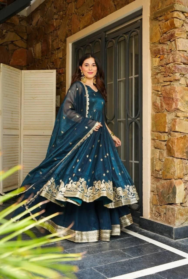 Teal Blue Silk Blend Anarkali Suit Set with Zari Embroidery and Dupatta
