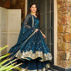Teal Blue Silk Blend Anarkali Suit Set with Zari Embroidery and Dupatta