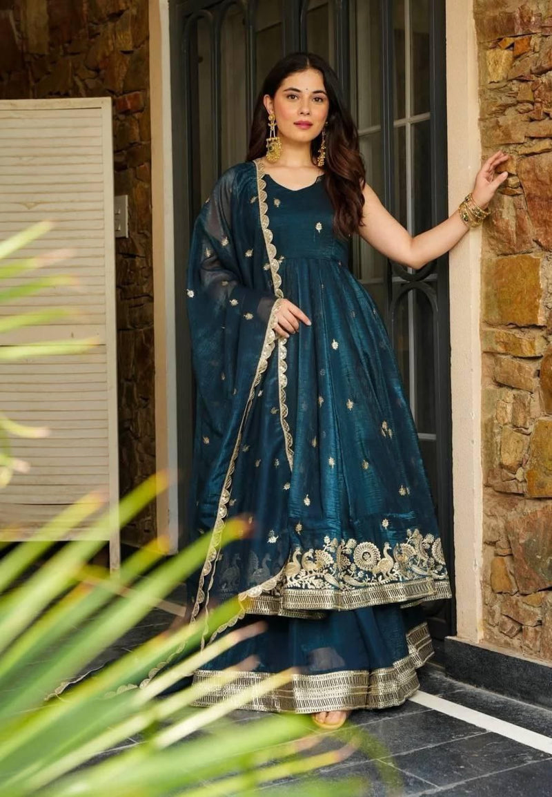Teal Blue Silk Blend Anarkali Suit Set with Zari Embroidery and Dupatta
